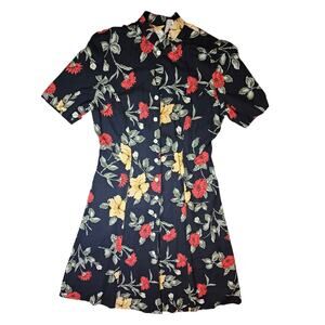 Vintage 90s black floral dress knee length1990